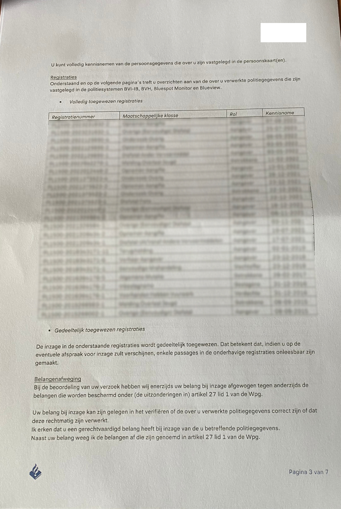 Pagina uit brief met registraties