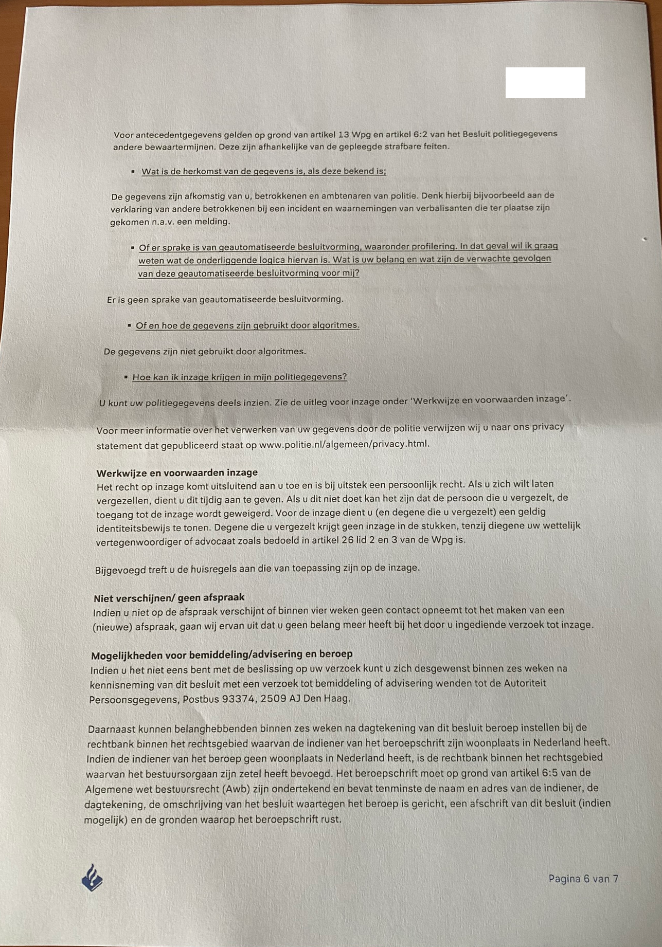 Laatste pagina van de inzagebrief. Bevat informatie over profilering, algoritme en bezwaar.